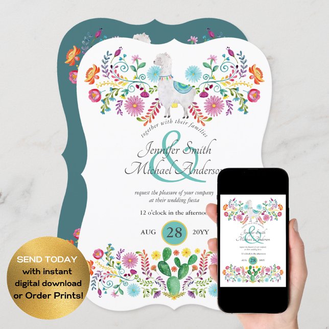 Fiesta Wedding Llama Folk Flowers Cacti Invitation (Creator Uploaded)