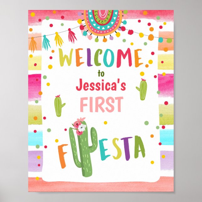 Fiesta Welcome Sign Birthday Mexican Cactus (Front)