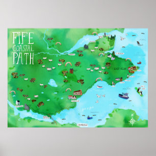 Fife Coastal Path Illustrated Map Watercolor Art Poster