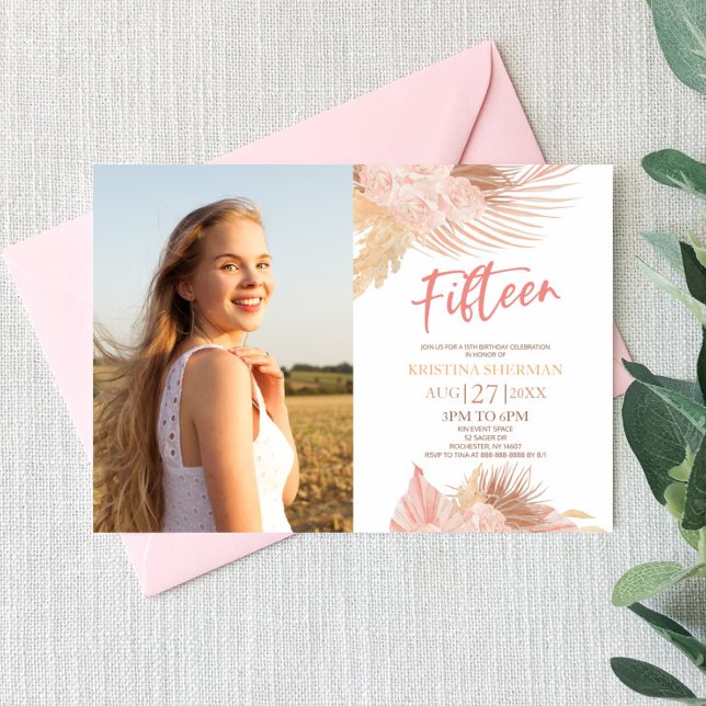 Fifteen Boho Pink Photo 15th Birthday Party Invitation (Creator Uploaded)