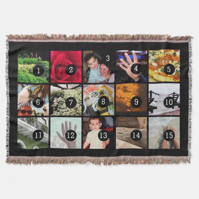 Fifteen of Your Photos Black Your Own Original Throw Blanket (Front)