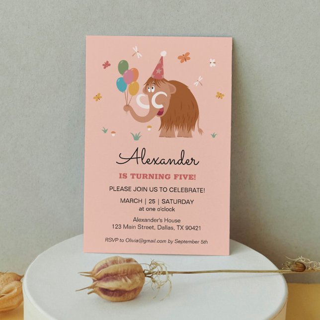 Fifth 5 Birthday Hat Cartoon Cute Mammoth Balloons Invitation (Creator Uploaded)