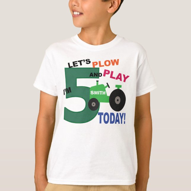Fifth 5th birthday- green tractor plow and play T-Shirt (Front)