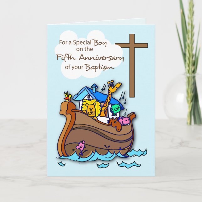 Fifth Anniversary of Baptism Boy Noah's Ark Card (Front)