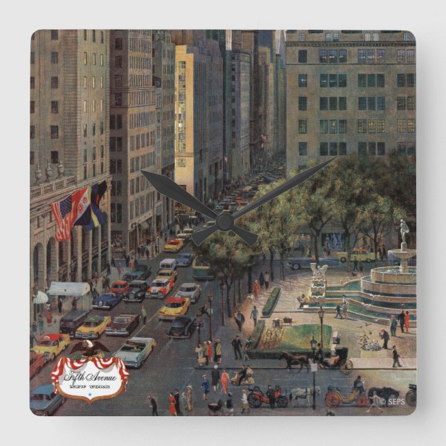 Fifth Avenue by John Falter Square Wall Clock (Front)