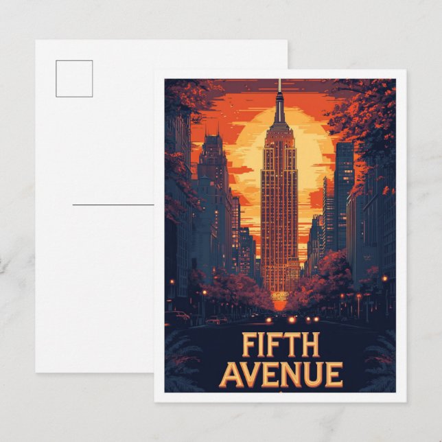 Fifth Avenue NYC USA Vintage Illustration Travel Postcard (Front/Back)