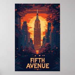 Fifth Avenue NYC USA Vintage Illustration Travel Poster