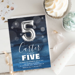 Fifth Birthday Silver Balloon   Blue Party Invitation