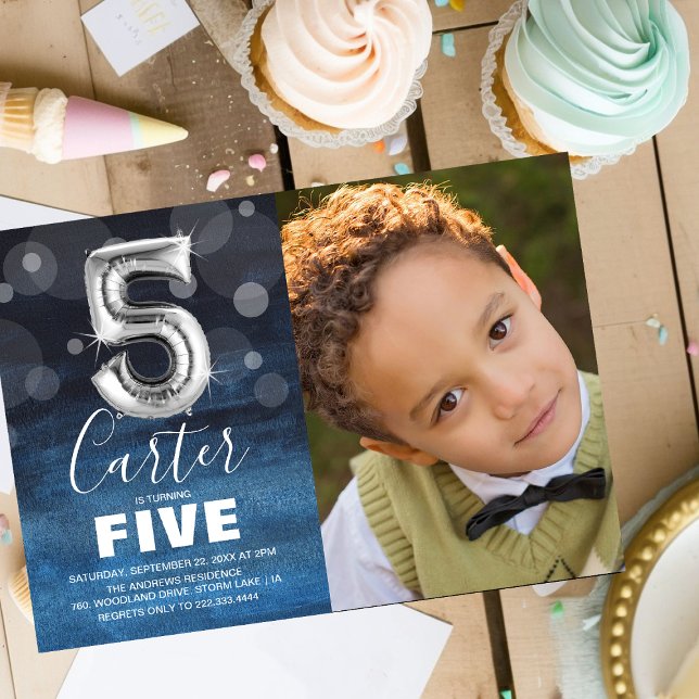 Fifth Birthday Silver Balloon | Blue Photo Party Invitation (Creator Uploaded)