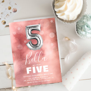 Fifth Birthday Silver Balloon   Pink Party Invitation
