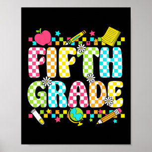 Fifth Grade Teacher Student Groovy Chequered Back Poster