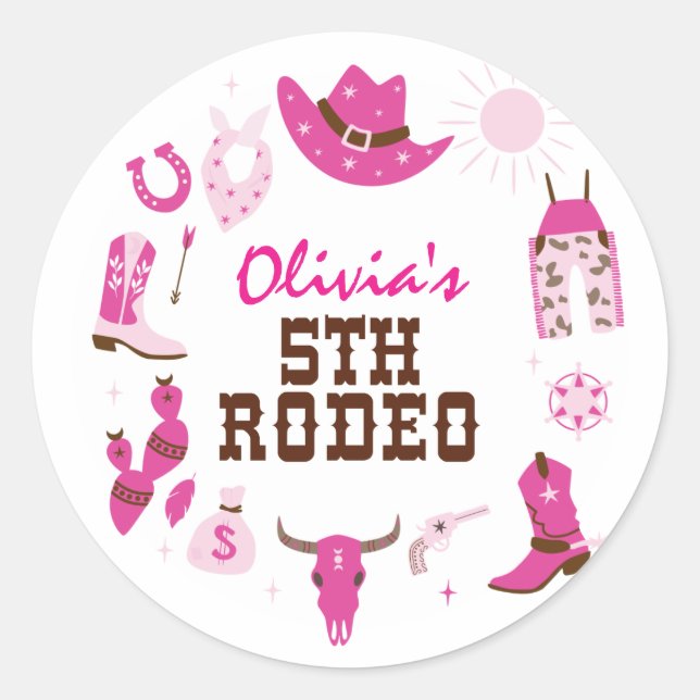 Fifth Rodeo Pink Western Cowboy 5th Birthday Classic Round Sticker (Front)