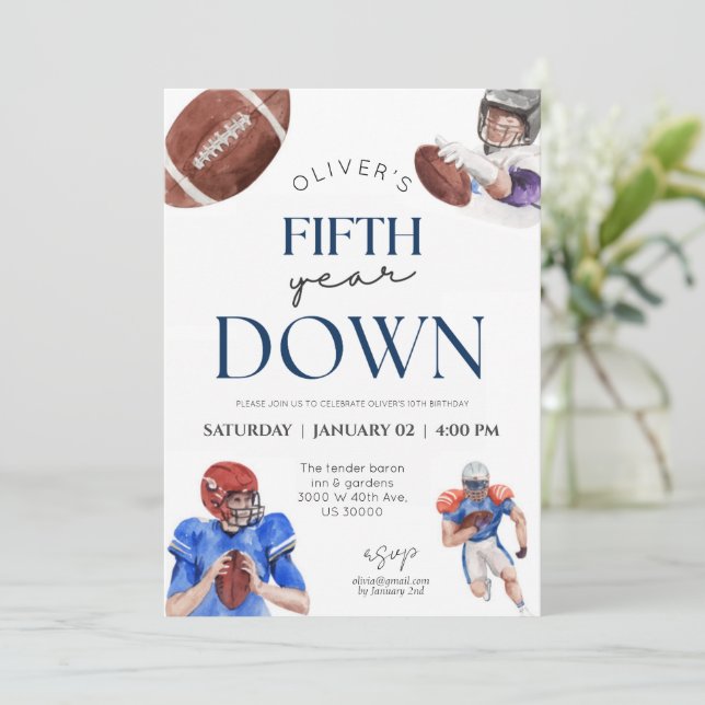 Fifth year down football theme boy 5th birthday invitation (Standing Front)