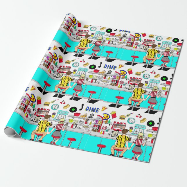 Fifties Diner Nostalgic Couple Holding Hands Wrapping Paper (Unrolled)