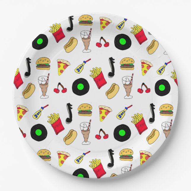 Fifties Diner Nostalgic Style Records, Food Paper Plate (Front)