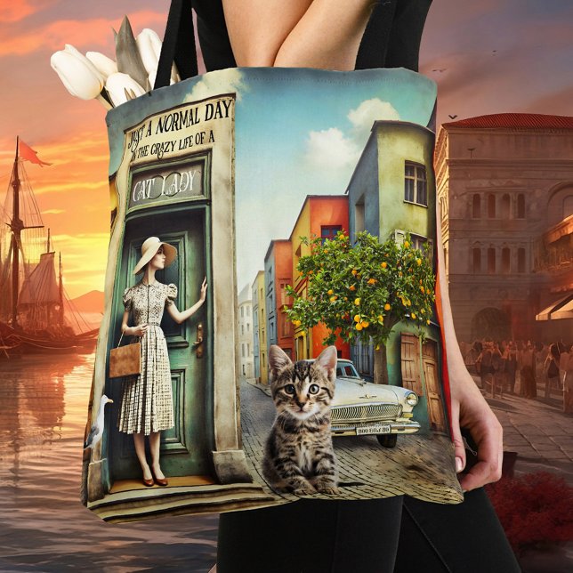 Fifties Fine Art Crazy Cat Lady  Tote Bag (Tote bag featuring a fine art painting of an elegant lady in a surreal city scene with a cat)