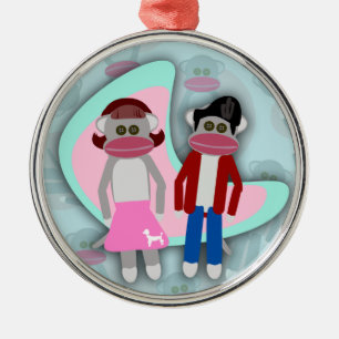 Fifties Sock Hop Sock Monkeys Retro Art Cartoon Metal Tree Decoration