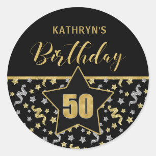 Fiftieth Birthday Black and Gold Confetti Classic Round Sticker