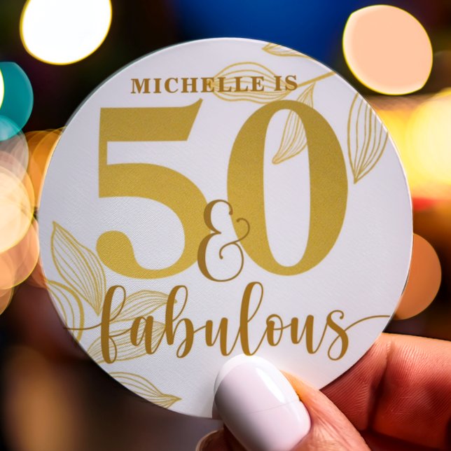 fiftieth birthday gold typography botanical classic round sticker (Creator Uploaded)