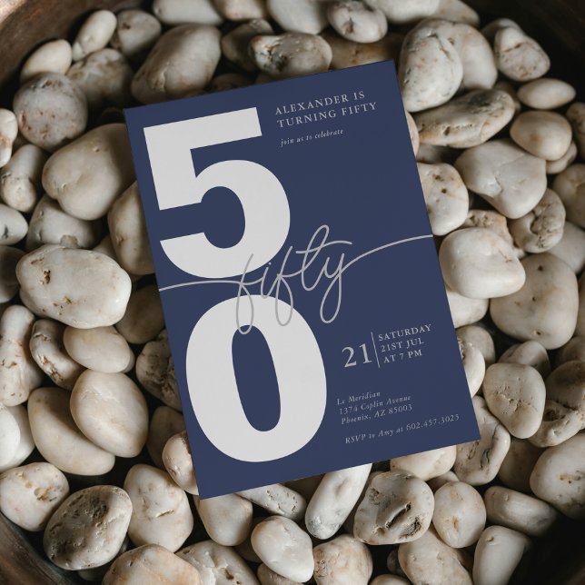 Fiftieth Minimal Modern Birthday Party Navy Grey Invitation (Creator Uploaded)