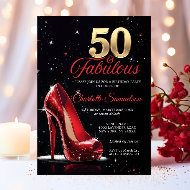 Fifty 50 & Fabulous BIRTHDAY Red Gold High Heels Invitation (Fifty 50 & Fabulous BIRTHDAY Red Gold High Heels Invitation)