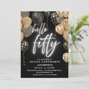 Fifty 50th Birthday Black & gold Balloons Invitation