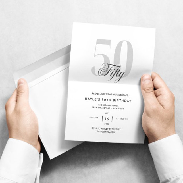 Fifty - 50th Birthday Elegant Chic Black & White Invitation (Creator Uploaded)