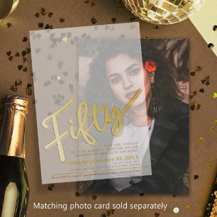 Fifty 50th birthday gold script text overlay vellum invitations