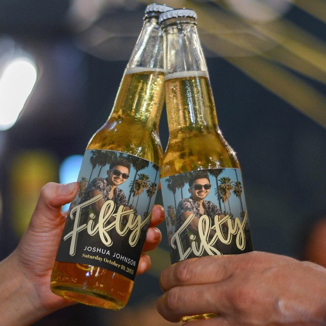 Fifty 50th birthday party photo gold black beer bottle label (Creator Uploaded)