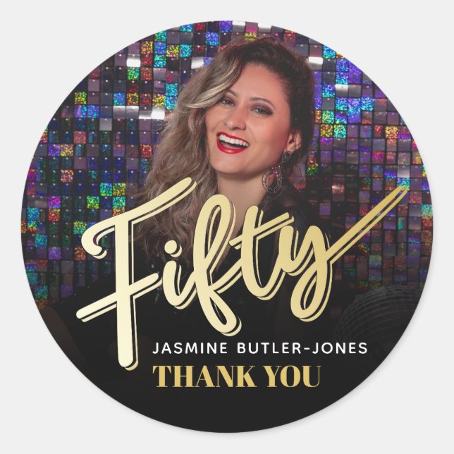 Fifty 50th birthday party photo gold favour classic round sticker (Front)