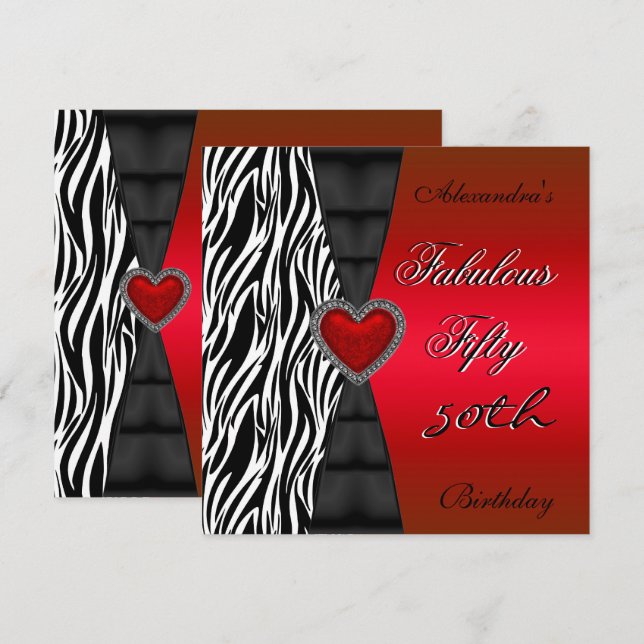 Fifty 50th Birthday Party Red Zebra Wild Black 2 Invitation (Front/Back)