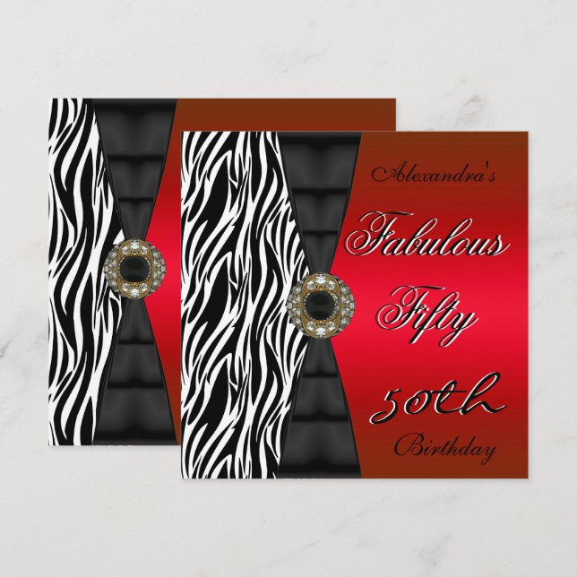 Fifty 50th Birthday Party Red Zebra Wild Black Invitation (Front/Back)