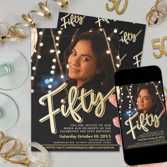 Fifty 50th Birthday photo script flat gold colour Invitation (Creator Uploaded)
