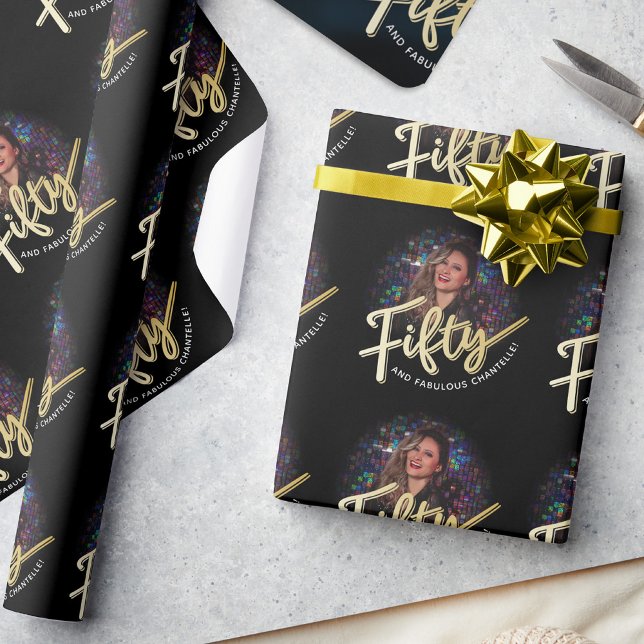 Fifty 50th Birthday photo script gold custom Wrapping Paper (Creator Uploaded)