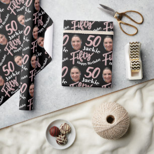 Fifty 50th Birthday photo script rose pink custom Wrapping Paper