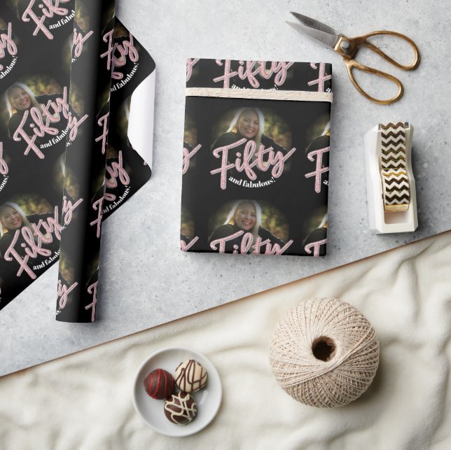 Fifty 50th Birthday photo script rose pink custom Wrapping Paper (Crafts)