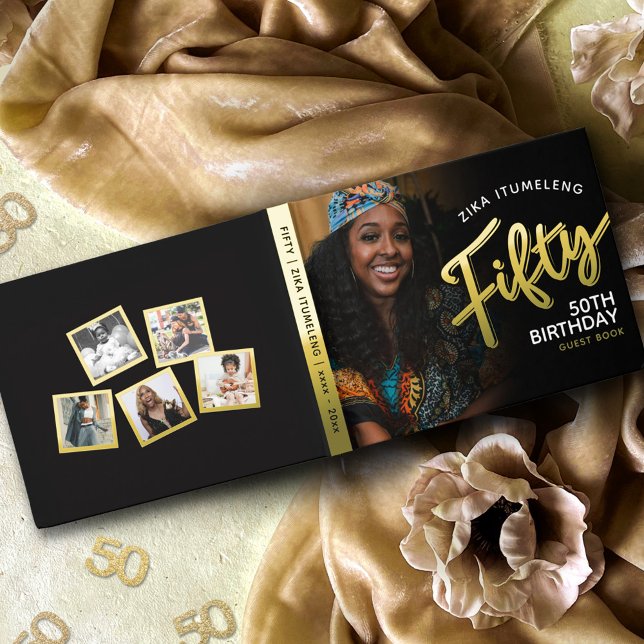 Fifty 50th birthday photos black gold guest book (Creator Uploaded)