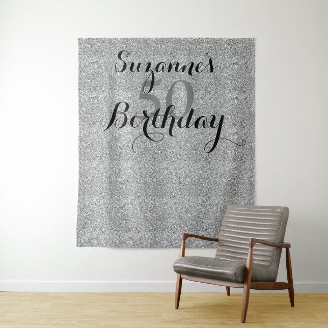 Fifty 50th Birthday Silver Glitter Party Decor 50 Tapestry (In Situ)
