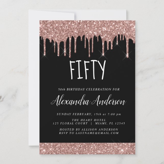 Fifty - 50th Glitter Rose Gold Black Birthday Invitation (Front)