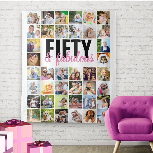 Fifty and Fabulous 40 Photo Collage Birthday Tapestry (Creator Uploaded)