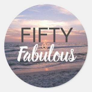 Fifty and Fabulous Beach Sunset Classic Round Sticker