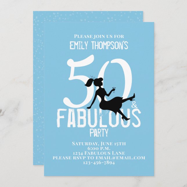 Fifty and Fabulous Birthday Modern Cocktails Blue Invitation (Front/Back)