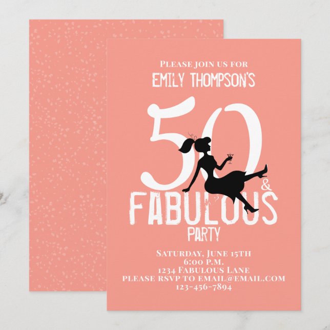 Fifty and Fabulous Birthday Modern Cocktails Peach Invitation (Front/Back)