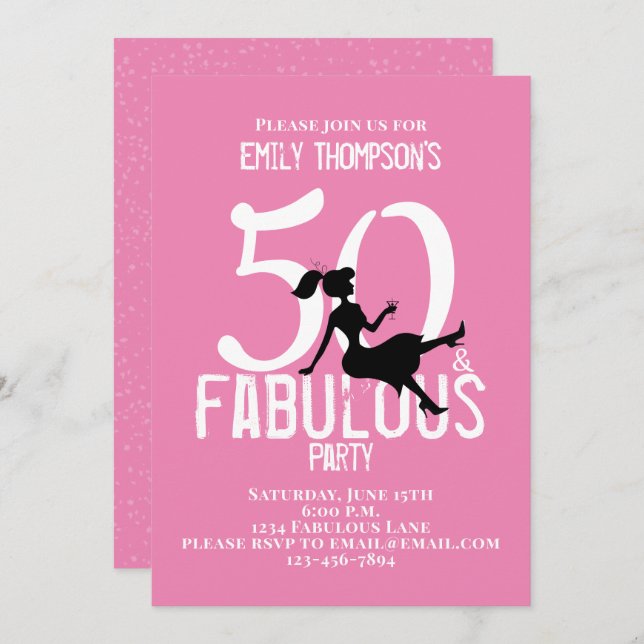 Fifty and Fabulous Birthday Modern Pink Cocktails  Invitation (Front/Back)