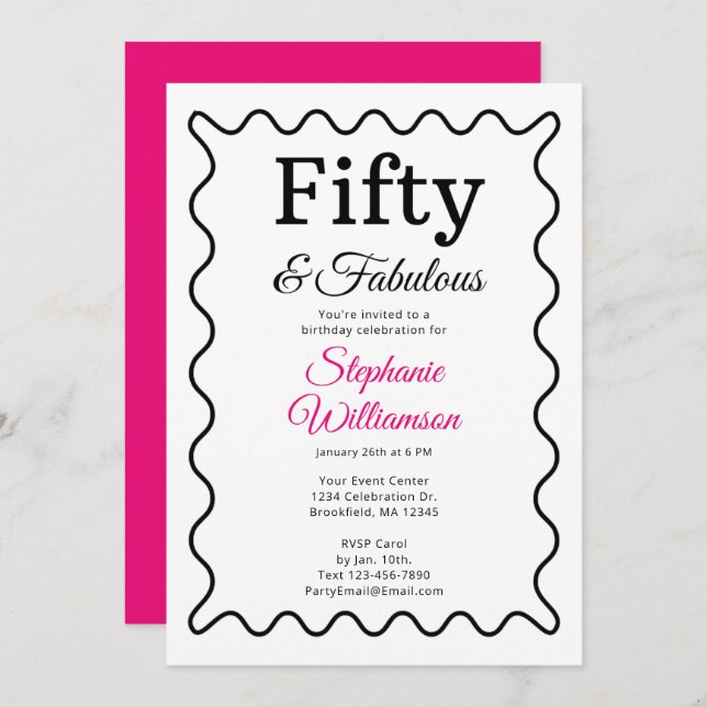Fifty and Fabulous Black and Pink Script Invitation (Front/Back)