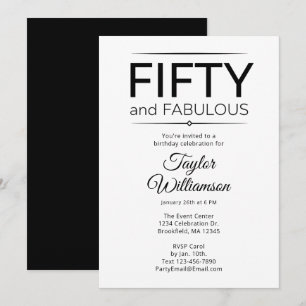 Fifty and Fabulous Black and White Script Invitation