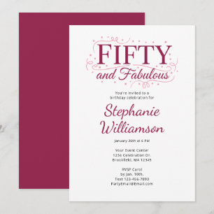 Fifty and Fabulous Black Berry Pink Script Invitation