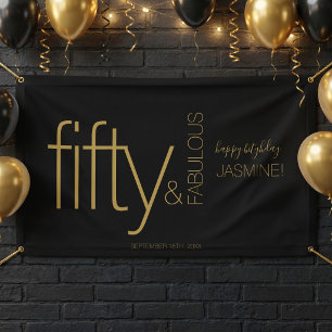 Fifty and Fabulous Black Gold Glam Happy Birthday Banner
