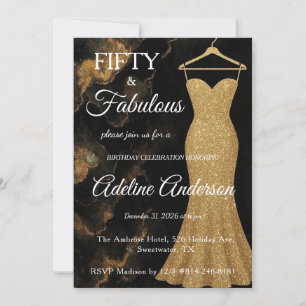 Fifty and Fabulous Black Gold Marble 50th Invitation