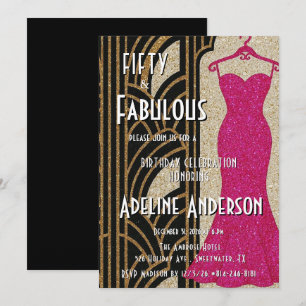 Fifty and Fabulous Black Gold Pink Art Deco 50th Invitation